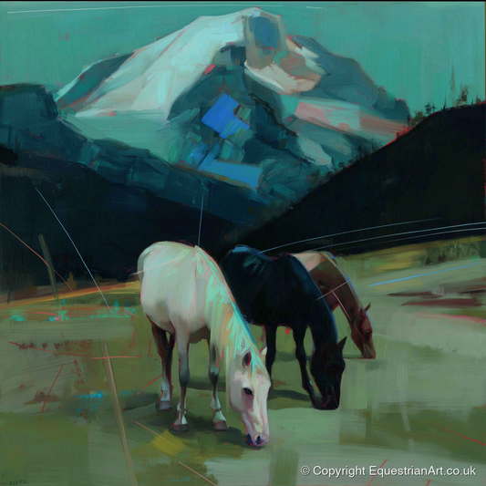 Teal Mountain Pasture - horse landscape art print and canvas by Quentin Hart A.I