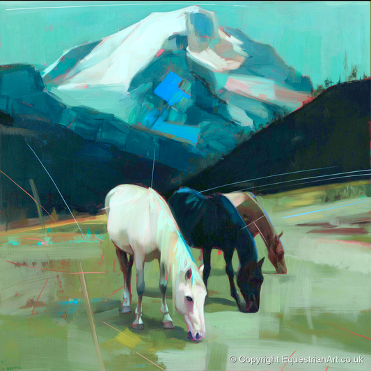 Teal Mountain Pasture - horse landscape art print and canvas by Quentin Hart A.I