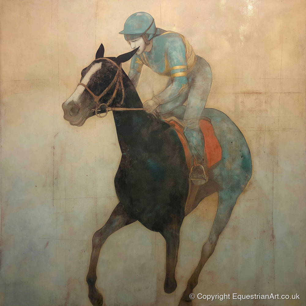 Teal Silk Canter - racing horse art print and canvas by Eloise Fairfax A.I
