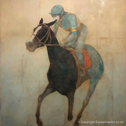 Teal Silk Canter - racing horse art print and canvas by Eloise Fairfax A.I