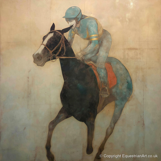 Teal Silk Canter - racing horse art print and canvas by Eloise Fairfax A.I