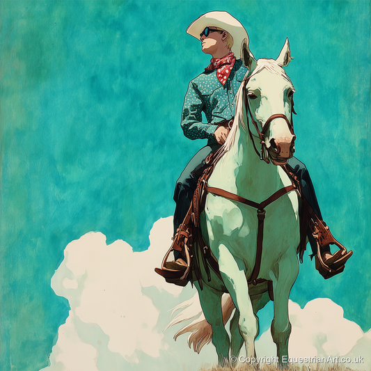 Teal Sky Rider - western horse art print and canvas by Declan Foley A.I