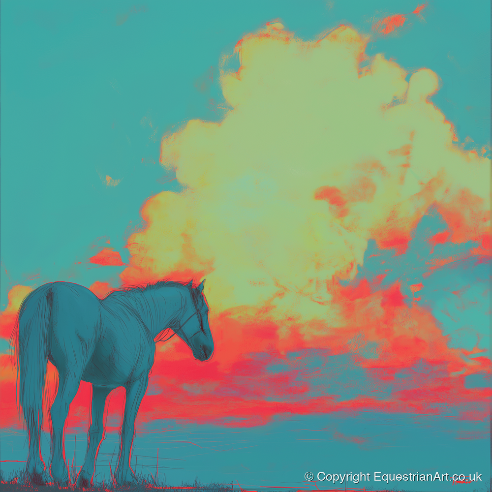 Teal Sunset Horizon - horse landscape art print and canvas by Evelyn Banks A.I