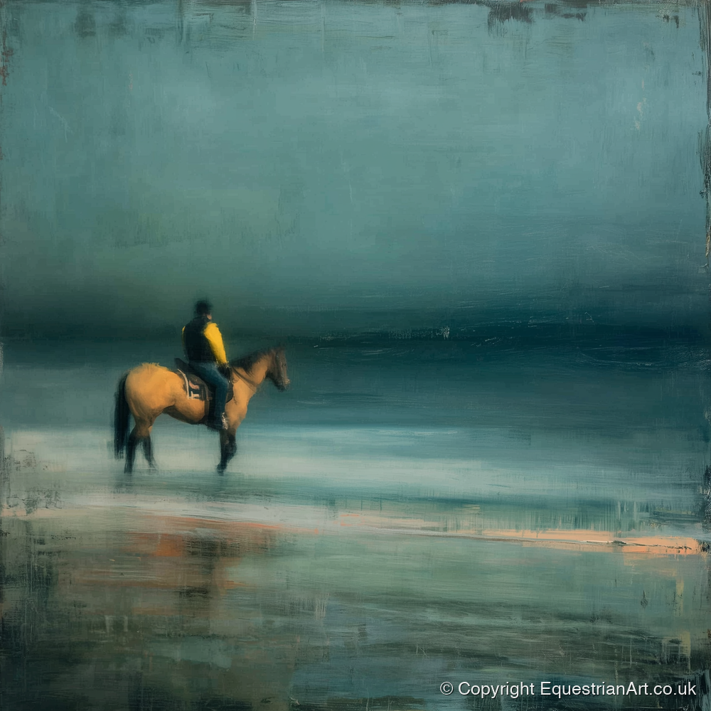 Teal Tide Rider - beach horse art print and canvas by Alaric Townsend A.I