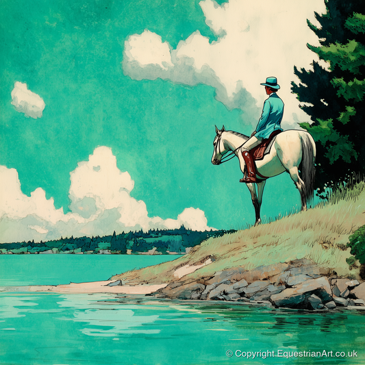 Teal Waters Vantage - beach horse art print and canvas by Declan Foley A.I