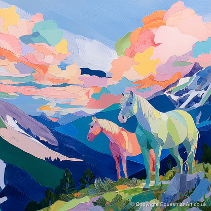 Technicolour Alpine Ridge - horse landscape art print and canvas by Sylvia Carmichael A.I