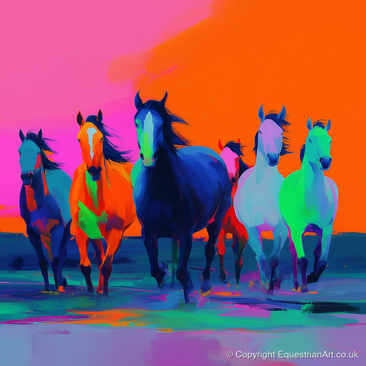 Technicolour Charge - wild horses art print and canvas by Lucian Prescott A.I