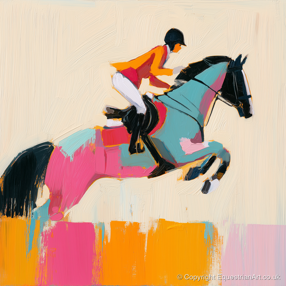 Technicolour Flight - show jumping horse art print and canvas by Genevieve Moore A.I