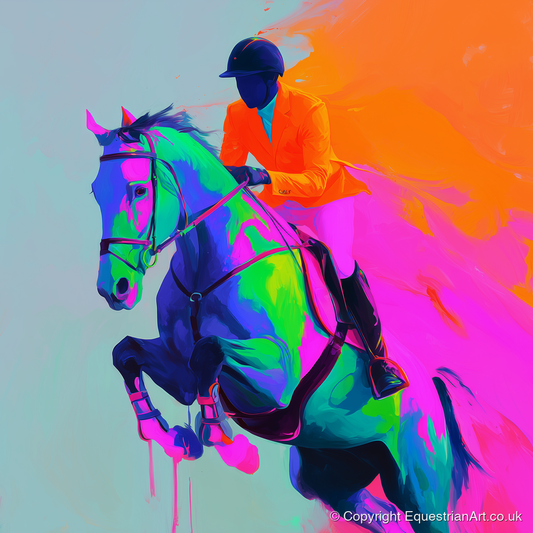 Technicolour Flight - show jumping horse art print and canvas by Lucian Prescott A.I