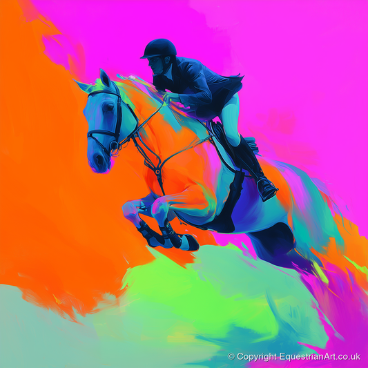 Technicolour Flight - show jumping horse art print and canvas by Lucian Prescott A.I