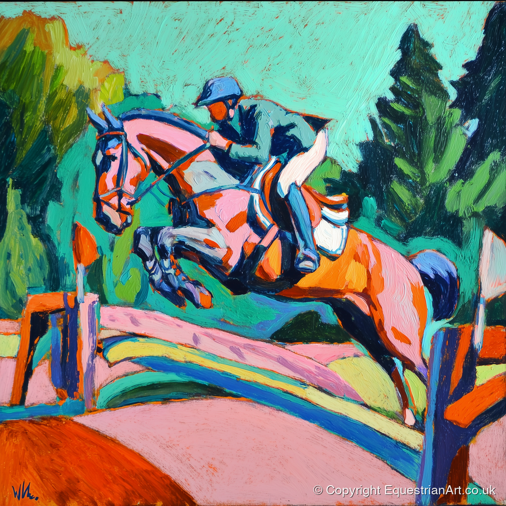 Technicolour Flight - show jumping horse art print and canvas by Gideon Wright A.I