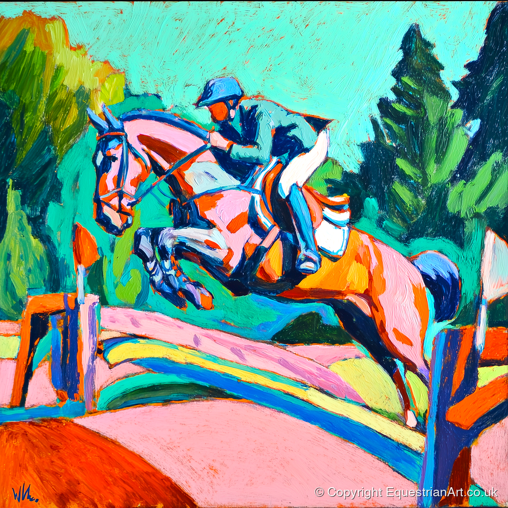 Technicolour Flight - show jumping horse art print and canvas by Gideon Wright A.I