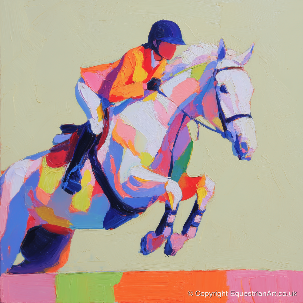Technicolour Flight - show jumping horse art print and canvas by Desmond Locke A.I
