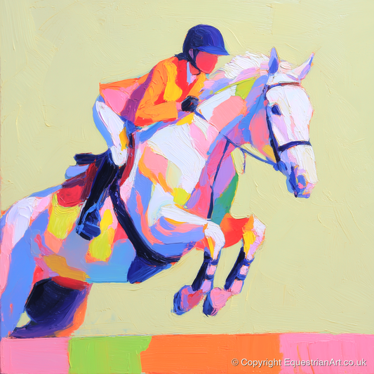 Technicolour Flight - show jumping horse art print and canvas by Desmond Locke A.I