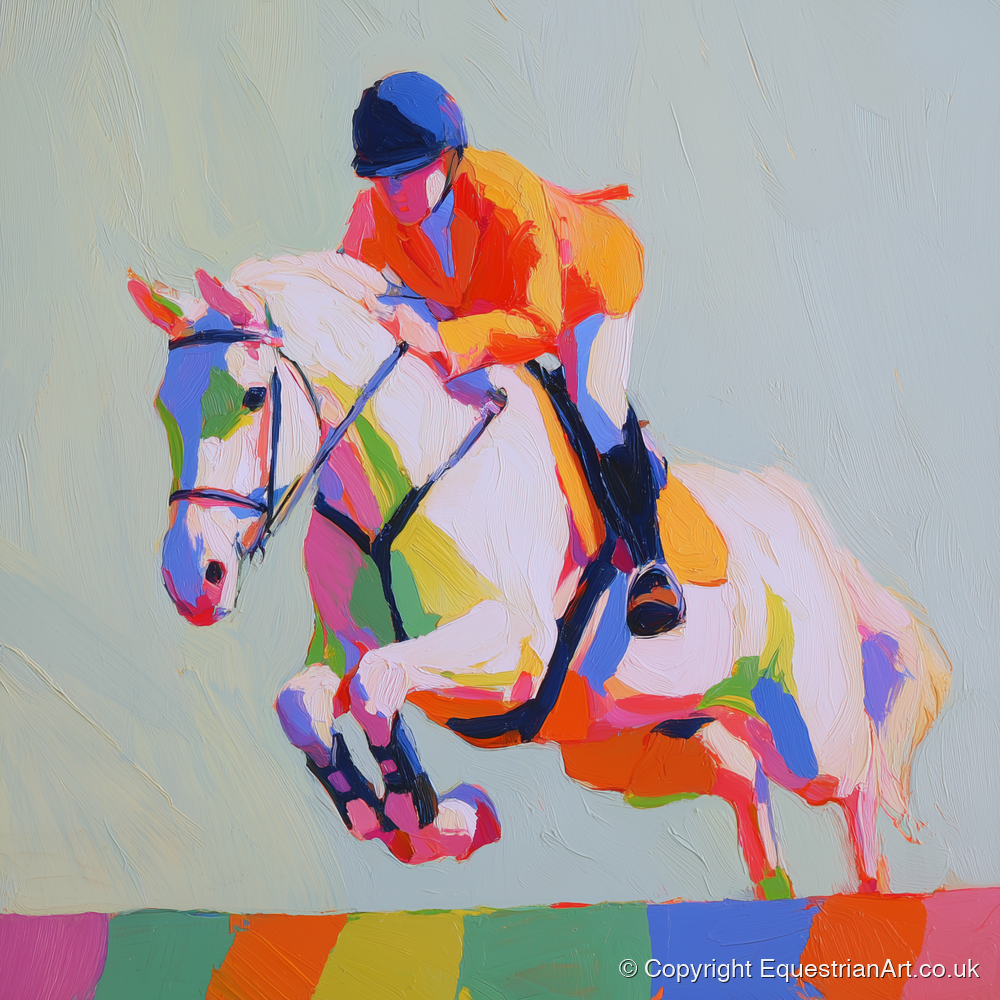 Technicolour Flight - show jumping horse art print and canvas by Desmond Locke A.I