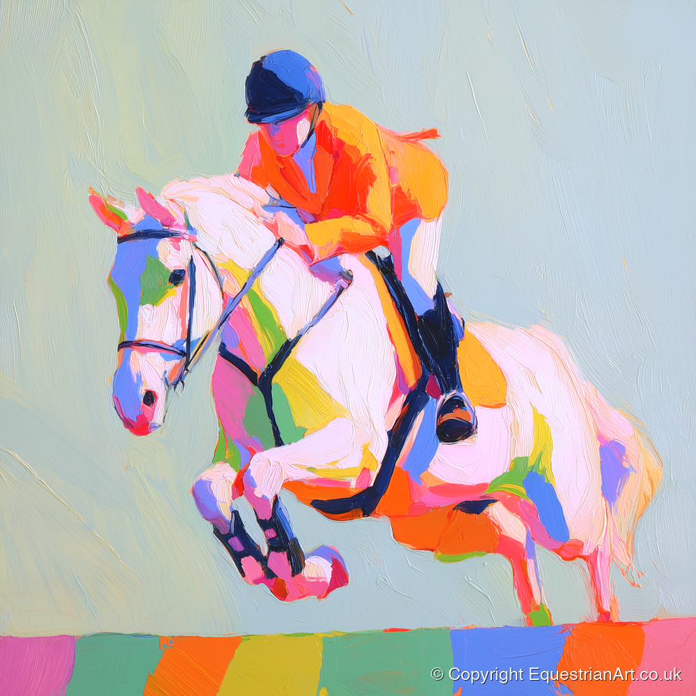 Technicolour Flight - show jumping horse art print and canvas by Desmond Locke A.I