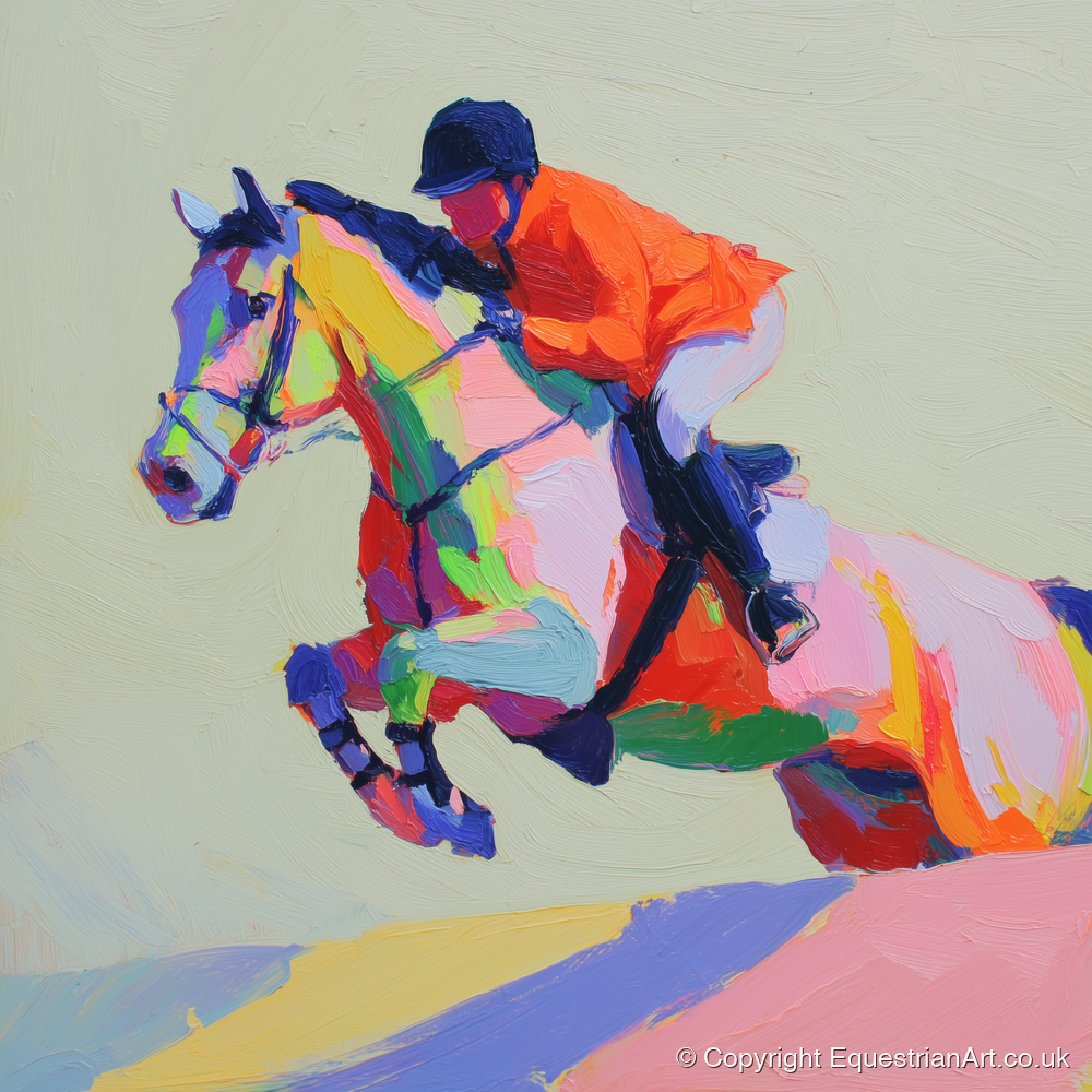 Technicolour Flight - show jumping horse art print and canvas by Desmond Locke A.I
