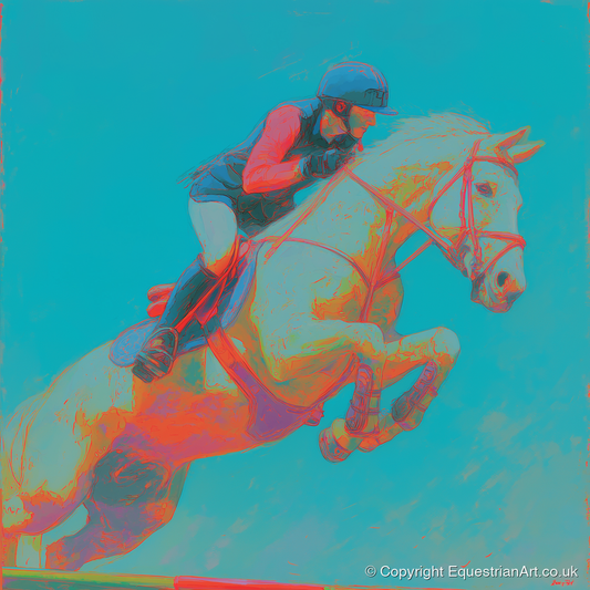 Technicolour Flight - show jumping horse art print and canvas by Evelyn Banks A.I