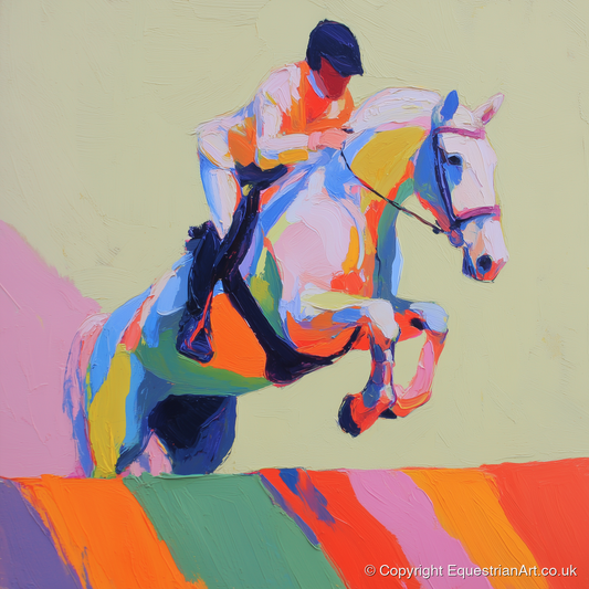 Technicolour Leap - show jumping horse art print and canvas by Desmond Locke A.I