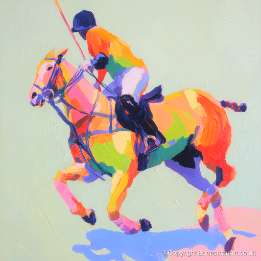 Technicolour Polo Stride - polo horse art print and canvas by Desmond Locke A.I
