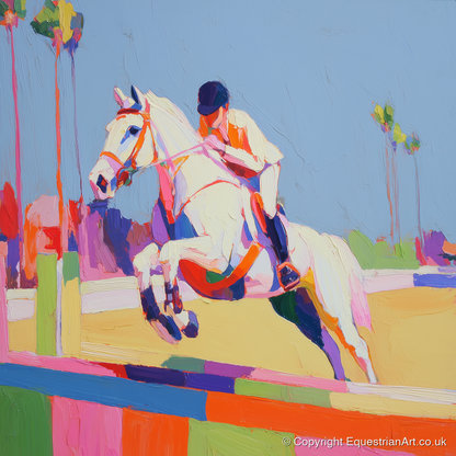 Technicolour Takeoff - show jumping horse art print and canvas by Desmond Locke A.I
