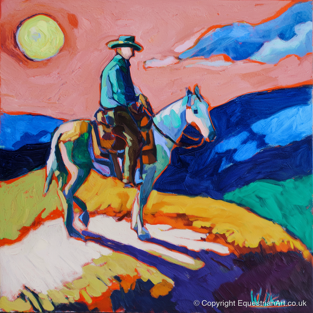 Technicolour Trail Rider - western horse art print and canvas by Gideon Wright A.I