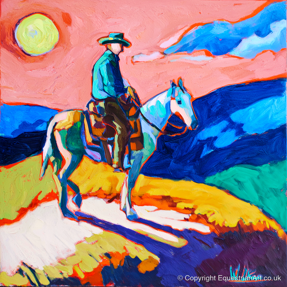 Technicolour Trail Rider - western horse art print and canvas by Gideon Wright A.I