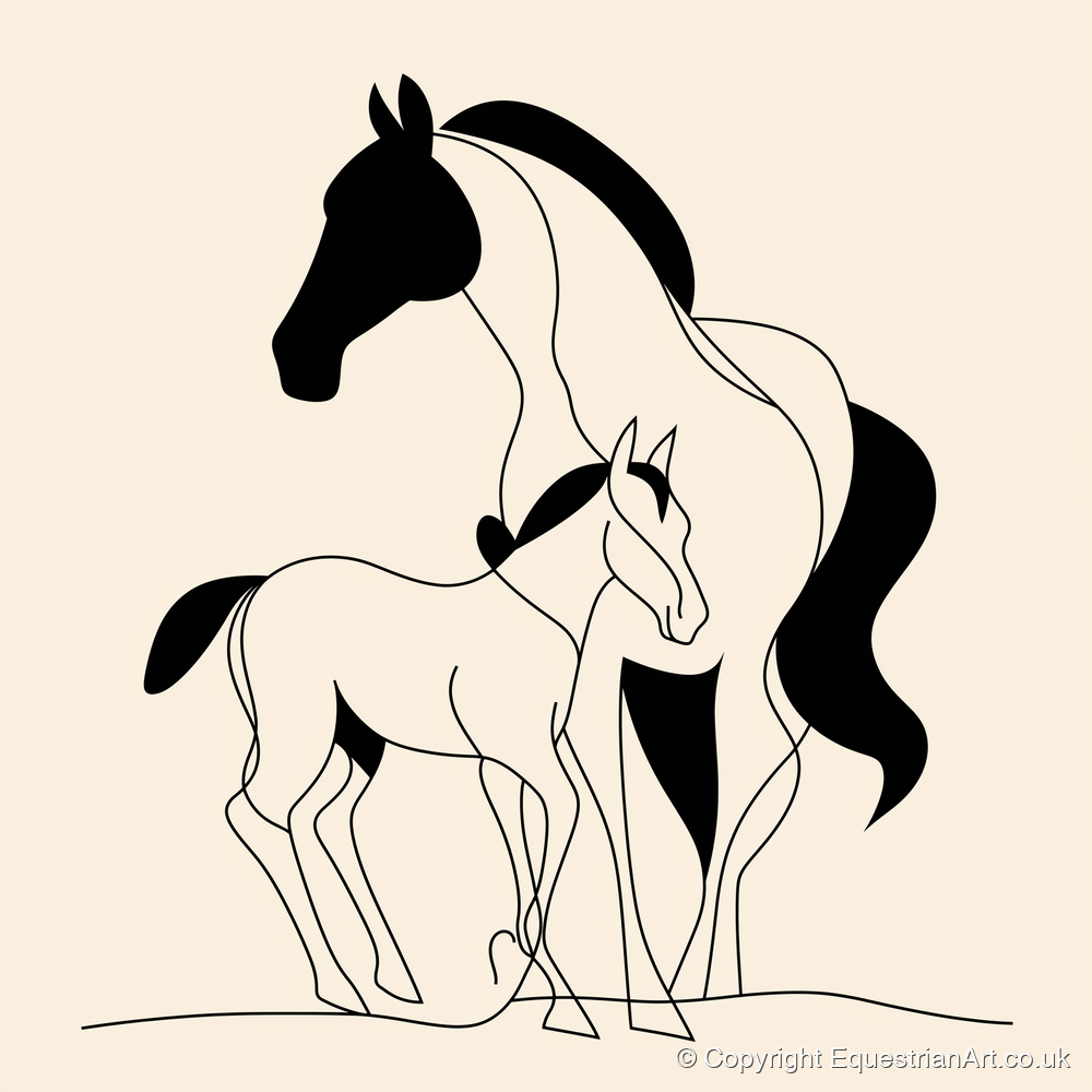 Tender Bond Line Art - mare & foal art print and canvas by Felix Chambers A.I