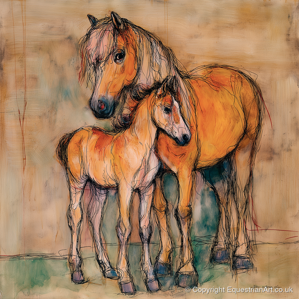 Tender Earth Bond - mare & foal art print and canvas by Clementine Villiers A.I