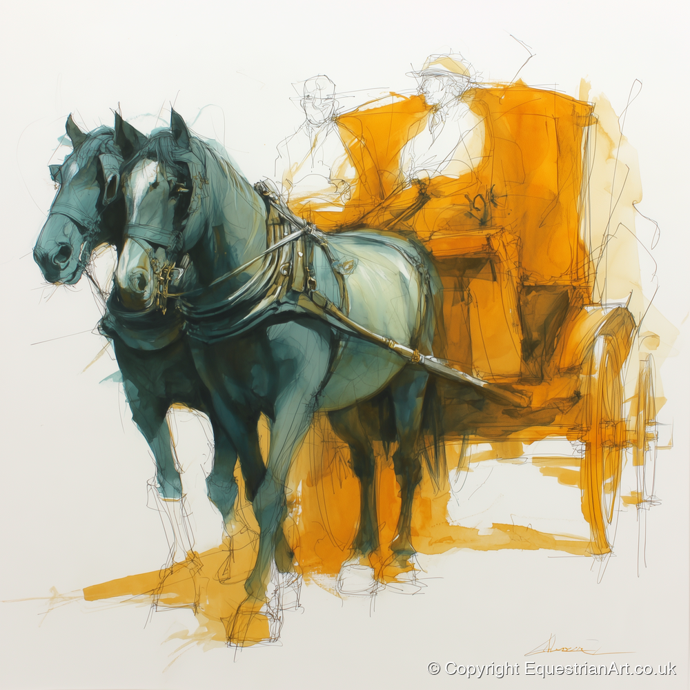 The Amber Carriage Pair - working horse art print and canvas by Elliot Caldwell A.I