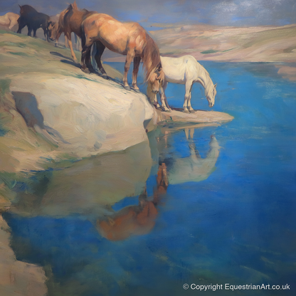 The Azure Watering Hole - wild horses art print and canvas by Alistair Rhodes A.I