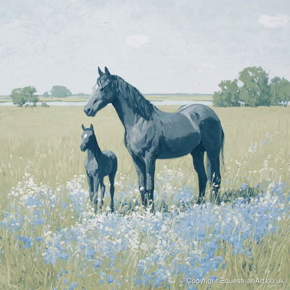 The Blue Meadow - mare & foal art print and canvas by Oscar Pendleton A.I