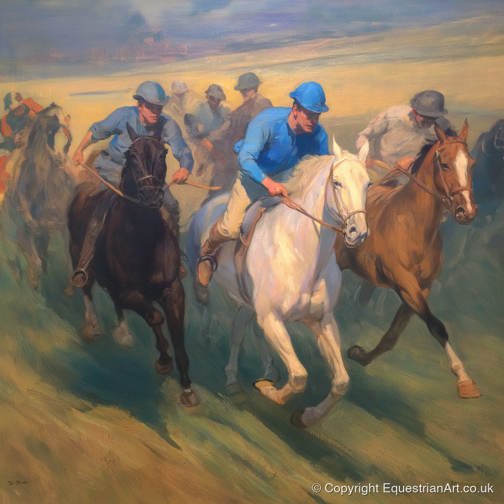 The Blue Silks - racing horse art print and canvas by Alistair Rhodes A.I
