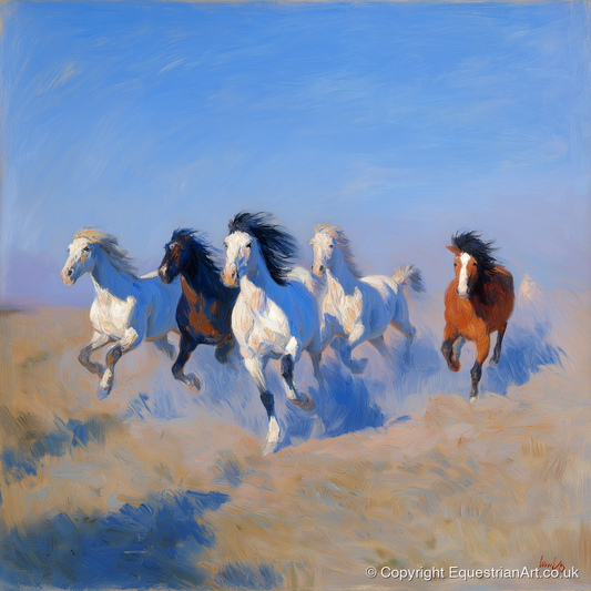 The Cerulean Gallop - wild horses art print and canvas by Gabriel Hayes A.I