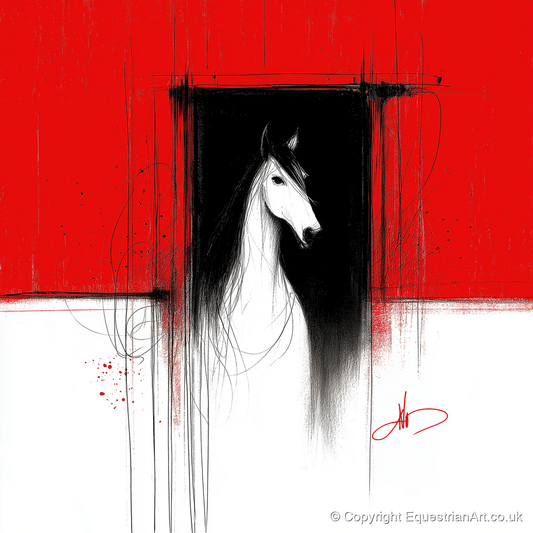 The Crimson Doorway - horse stable art print and canvas by Sebastian Vale A.I