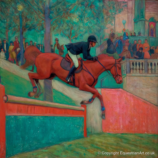 The Emerald Leap - show jumping horse art print and canvas by Lawrence Gable A.I