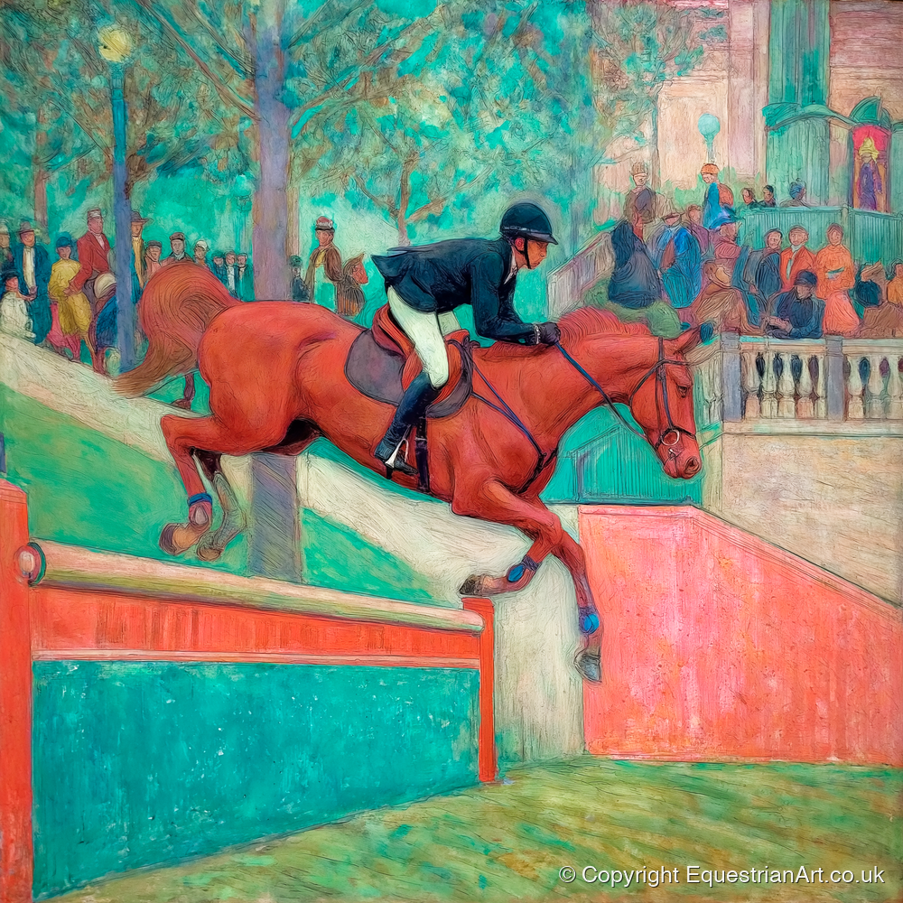 The Emerald Leap - show jumping horse art print and canvas by Lawrence Gable A.I