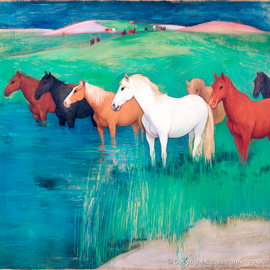 The Emerald Shallows - wild horses art print and canvas by Lawrence Gable A.I