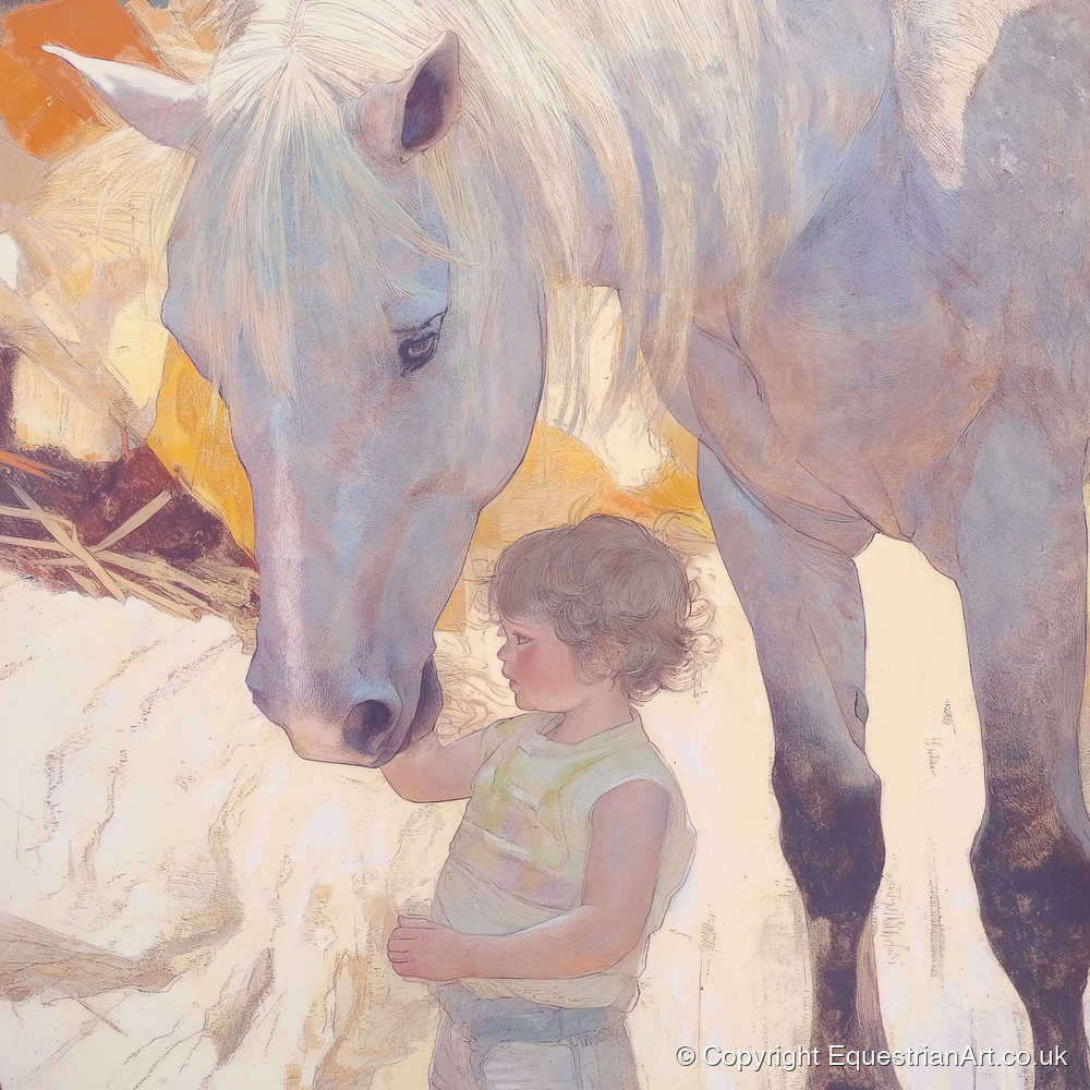 The First Touch - horse & rider art print and canvas by Isobel Hawthorn A.I