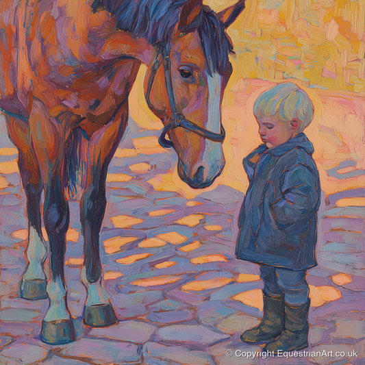 The Gentle Encounter - horse & rider art print and canvas by Celia Harding A.I