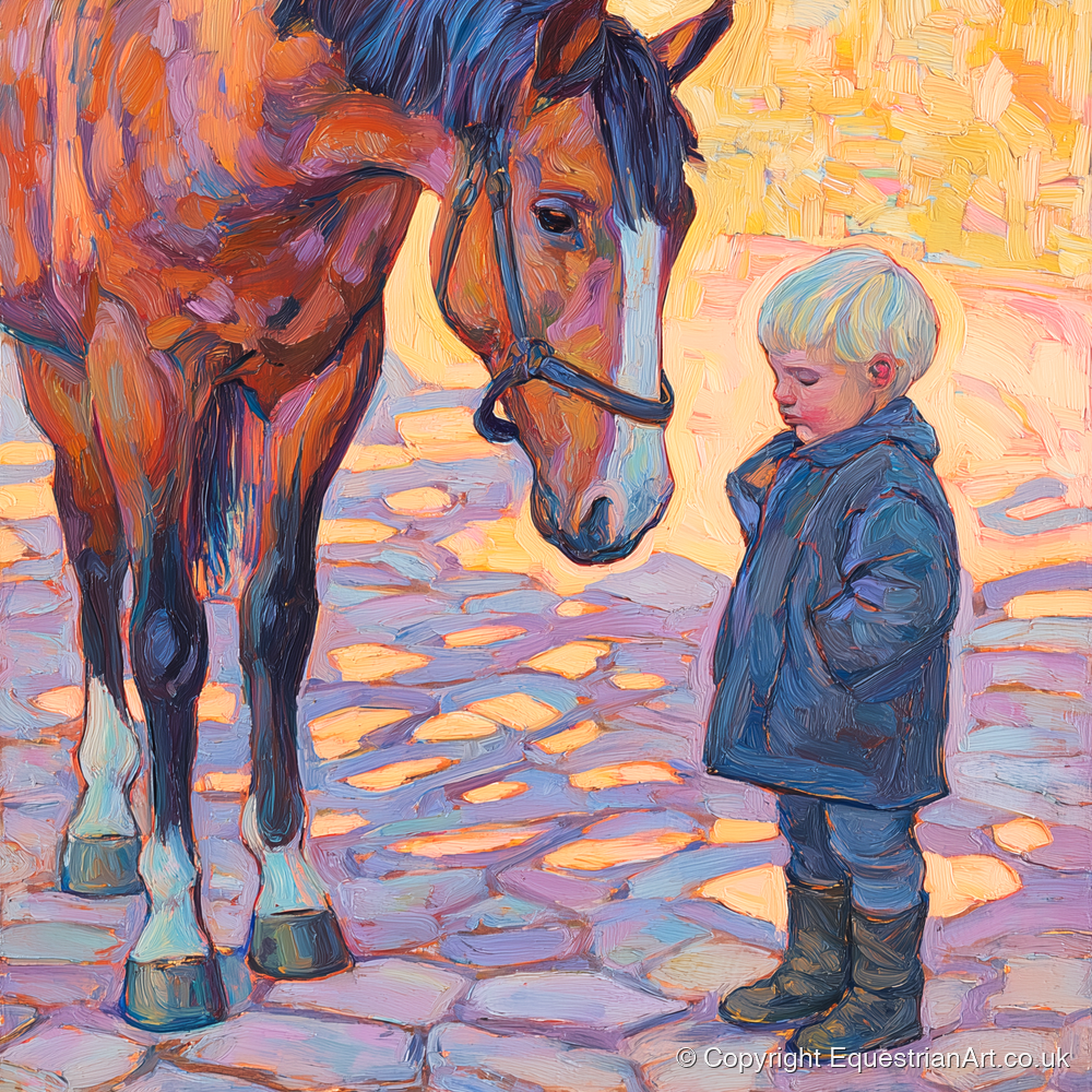 The Gentle Encounter - horse & rider art print and canvas by Celia Harding A.I