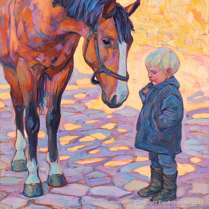 The Gentle Encounter - horse & rider art print and canvas by Celia Harding A.I