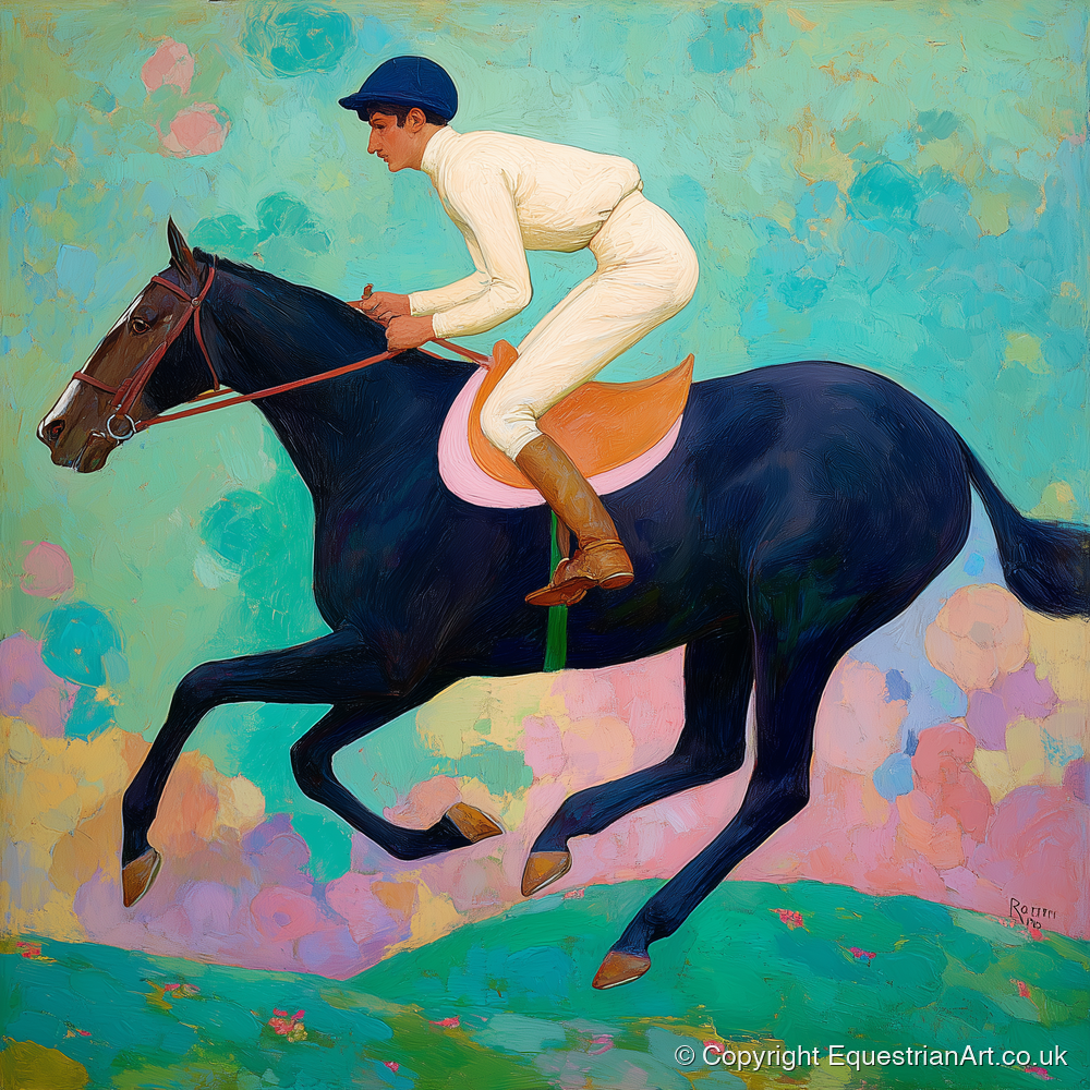 The Indigo Gallop - racing horse art print and canvas by Aldous Trent A.I