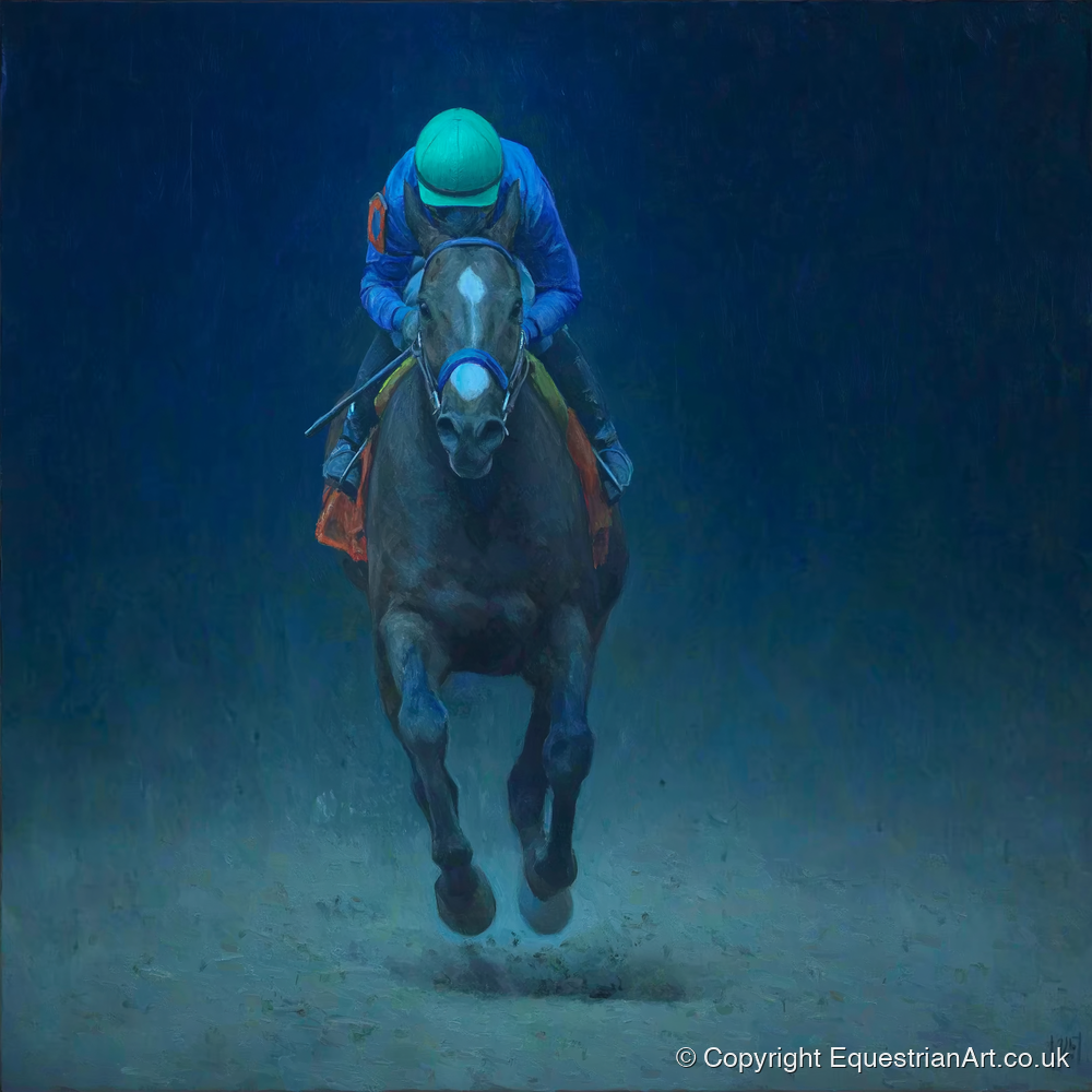 The Indigo Gallop - racing horse art print and canvas by Raymond Shaw A.I