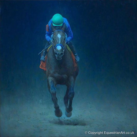 The Indigo Gallop - racing horse art print and canvas by Raymond Shaw A.I