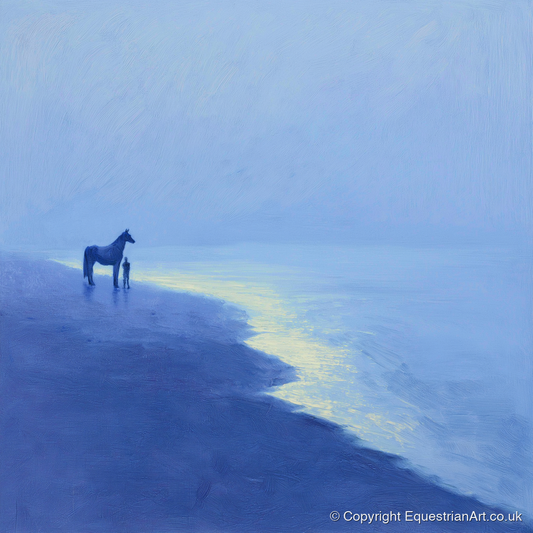 The Indigo Shore - horse landscape art print and canvas by Marguerite de Winter A.I