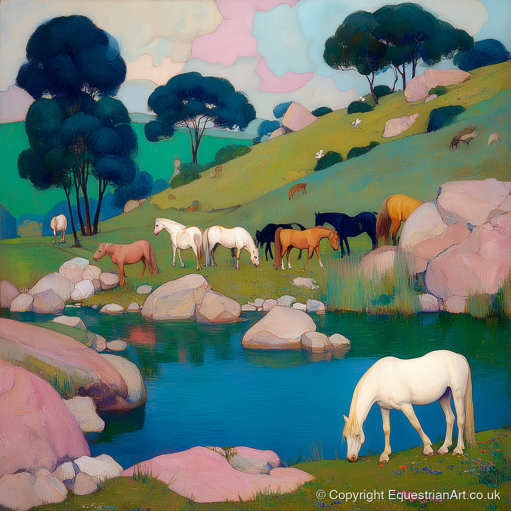 The Pastel Pasture - horse landscape art print and canvas by Aldous Trent A.I