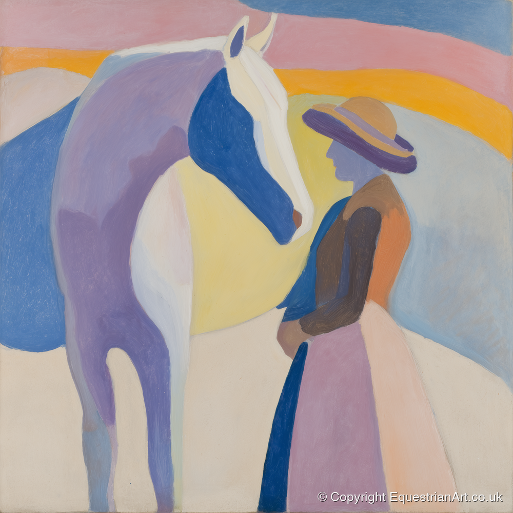 The Quiet Encounter - horse & rider art print and canvas by Iris Pelham A.I
