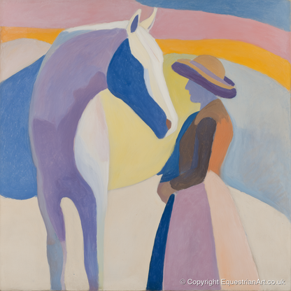 The Quiet Encounter - horse & rider art print and canvas by Iris Pelham A.I