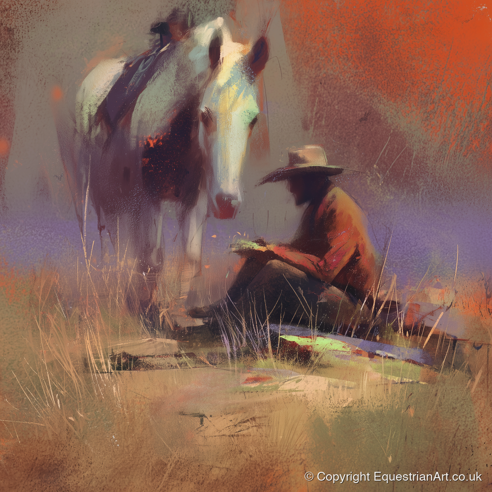 The Rider's Rest - horse & rider art print and canvas by Rupert Kingsley A.I